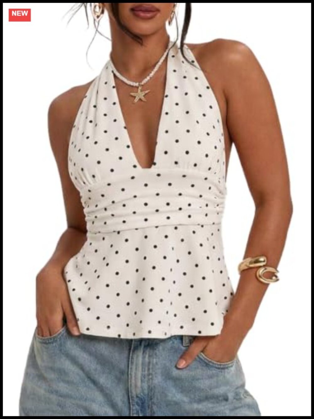 Halter Polka Dot Tank Top Backless Peplum Sleeveless Blouse Women's Sexy Summer